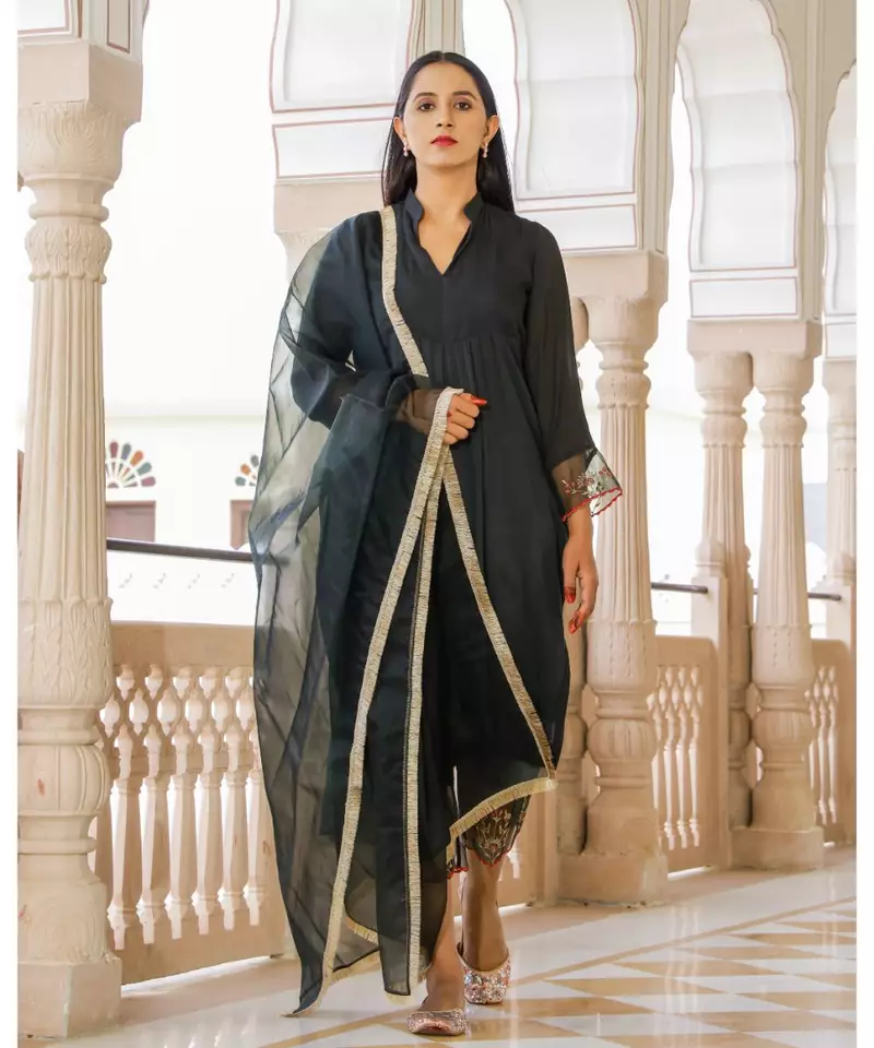 Black Embroidery Modal Suit Set