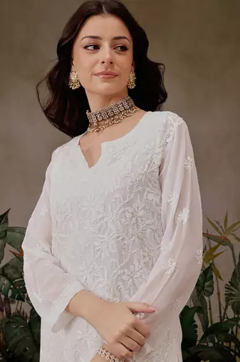 Hand Embroidered White Faux Georgette Lucknow Chikankari Kurta With Slip For Women