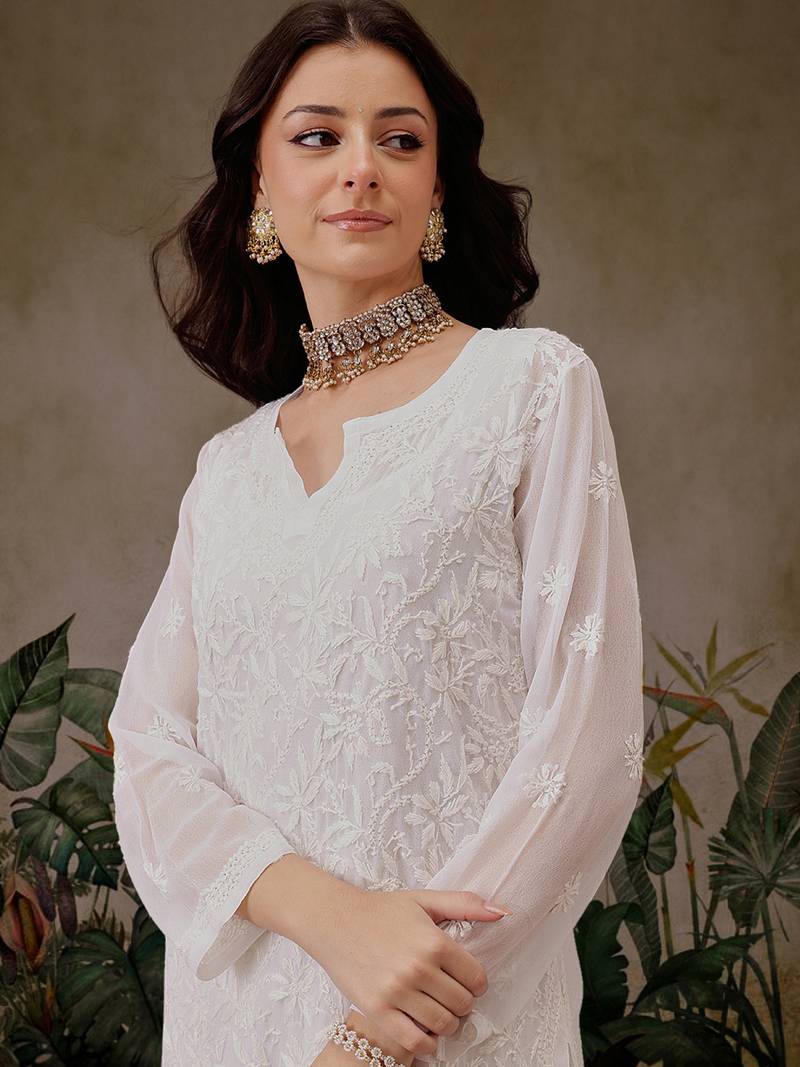Hand Embroidered White Faux Georgette Lucknow Chikankari Kurta With Slip For Women