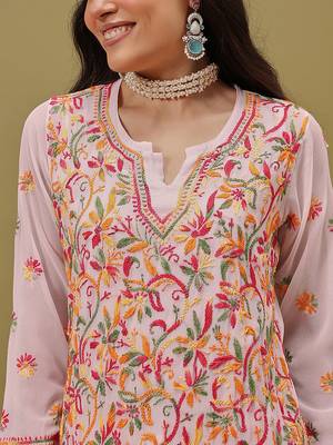 Hand Embroidered White Faux Georgette Lucknow Chikankari Women Kurta With Slip 6