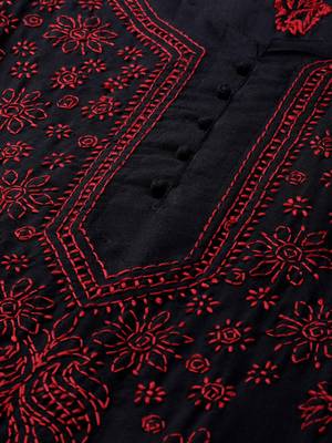 Hand Embroidered Black & Red Cotton Lucknow Chikankari Women Kurta 5
