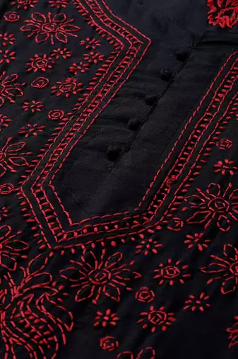 Hand Embroidered Black & Red Cotton Lucknow Chikankari Women Kurta