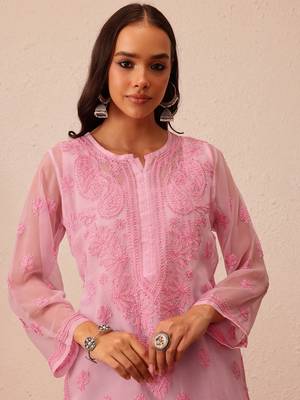 Hand Embroidered Pink Faux Georgette Lucknowi Chikankari Women Kurta With Slip 6