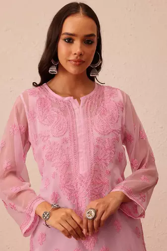 Hand Embroidered Pink Faux Georgette Lucknowi Chikankari Women Kurta With Slip