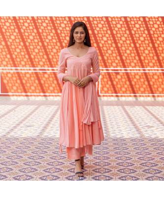 Peach Silver Embroidery Anarkali Dress Set 1