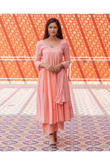 Peach Silver Embroidery Anarkali Dress Set
