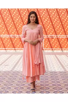 Peach Silver Embroidery Anarkali Dress Set