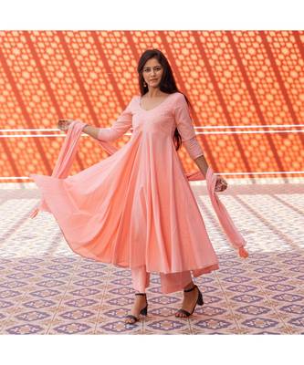 Peach Silver Embroidery Anarkali Dress Set 2