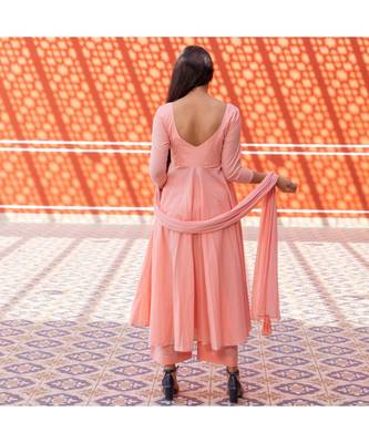 Peach Silver Embroidery Anarkali Dress Set 4
