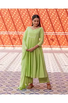 Pista Silver Embroidery Anarkali Dress Set
