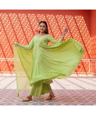 Pista Silver Embroidery Anarkali Dress Set 4