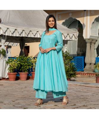 blue Silver Embroidery Anarkali Dress Set 1
