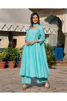 blue Silver Embroidery Anarkali Dress Set