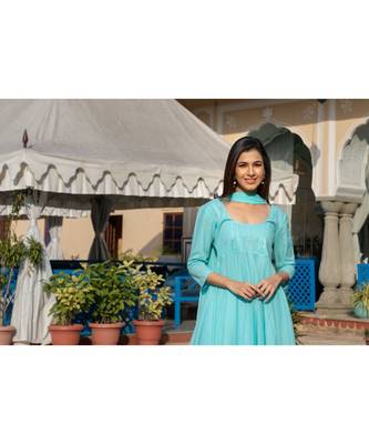blue Silver Embroidery Anarkali Dress Set 2