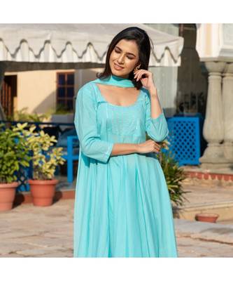 blue Silver Embroidery Anarkali Dress Set 3