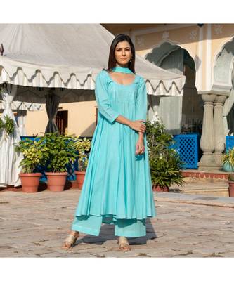 blue Silver Embroidery Anarkali Dress Set 4