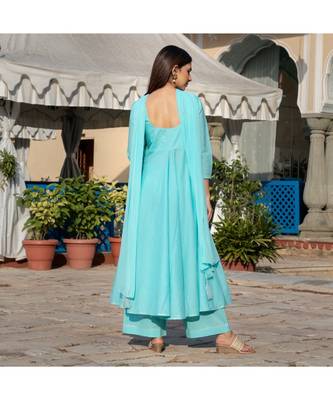 blue Silver Embroidery Anarkali Dress Set 5