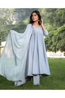 Grey Silver Embroidery Anarkali Dress Set