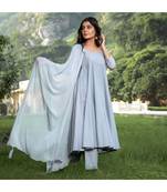 Grey Silver Embroidery Anarkali Dress Set