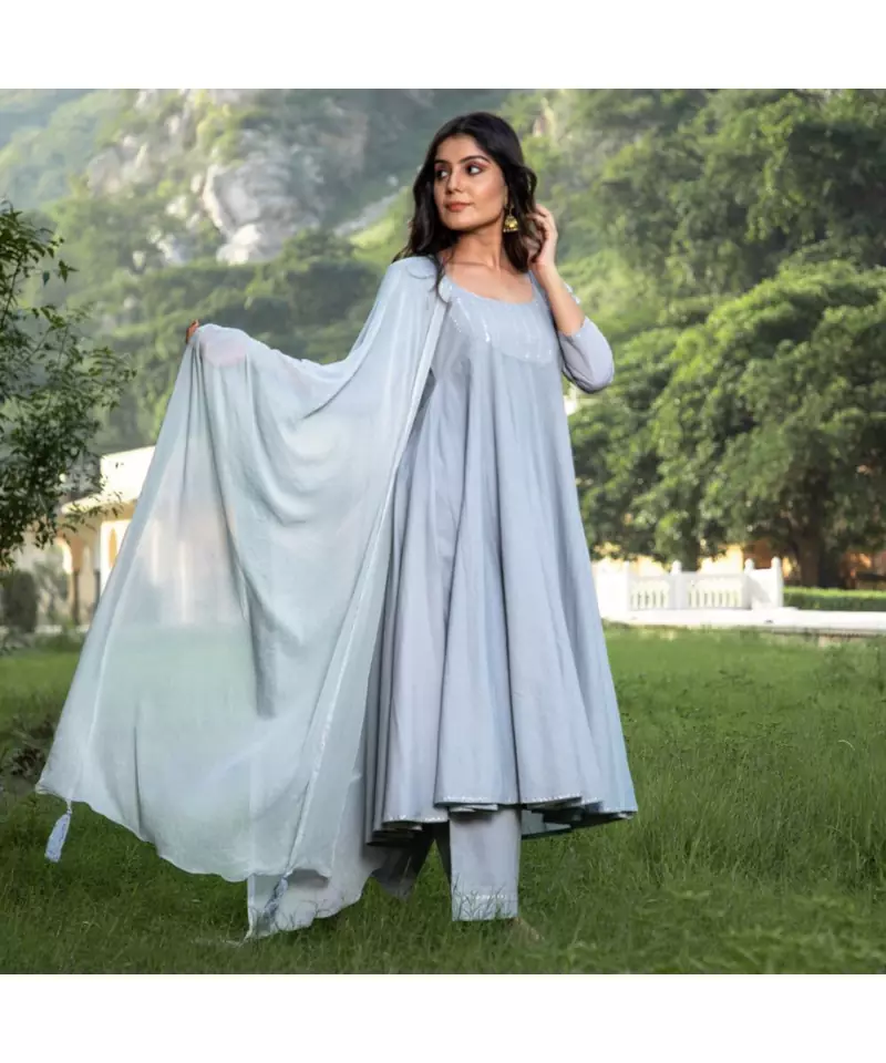Grey Silver Embroidery Anarkali Dress Set