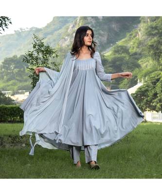 Grey Silver Embroidery Anarkali Dress Set 4