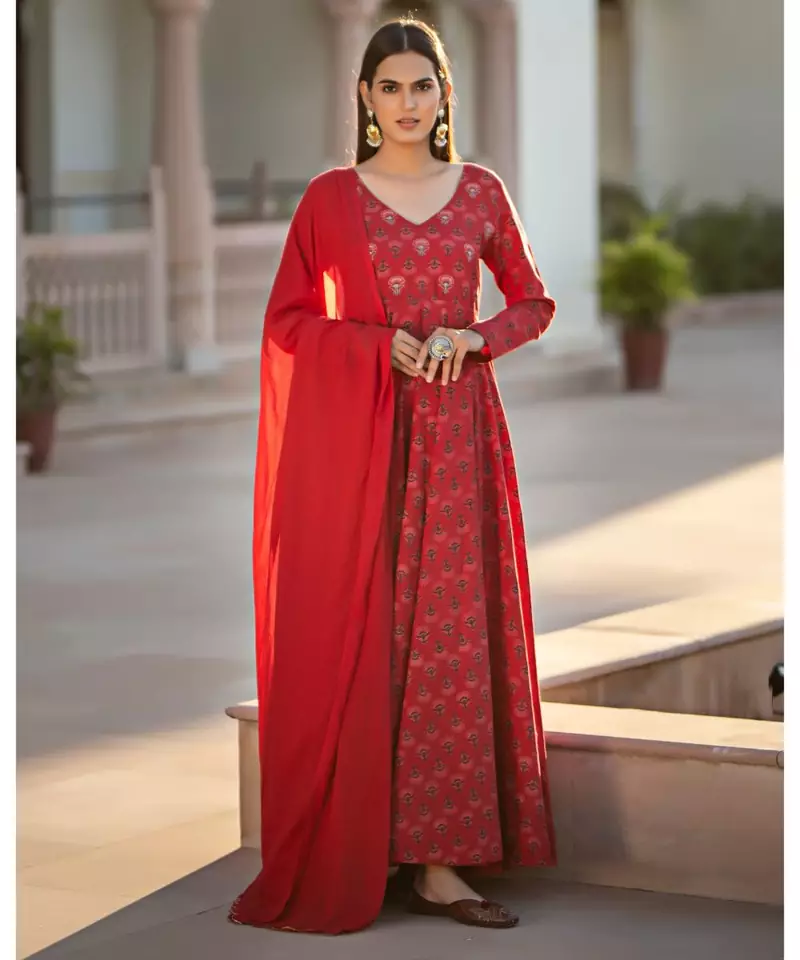Ajrakh Print Long Kurta with Dupatta