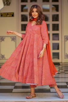 Red Bagru Print Anarkali Dress Set