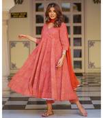 Red Bagru Print Anarkali Dress Set