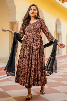 Black & Red Bagru Print Anarkali Dress Set