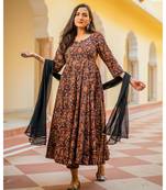 Black & Red Bagru Print Anarkali Dress Set