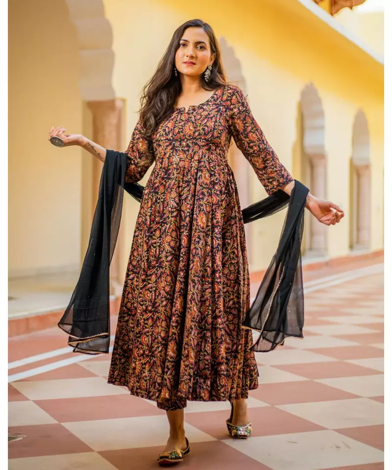Black & Red Bagru Print Anarkali Dress Set