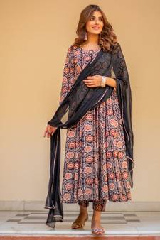Black Bagru Print Anarkali Dress Set
