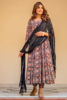 Black Bagru Print Anarkali Dress Set