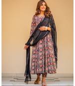 Black Bagru Print Anarkali Dress Set