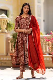 Red brown Bagru Print Anarkali Dress Set