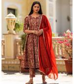 Red brown Bagru Print Anarkali Dress Set