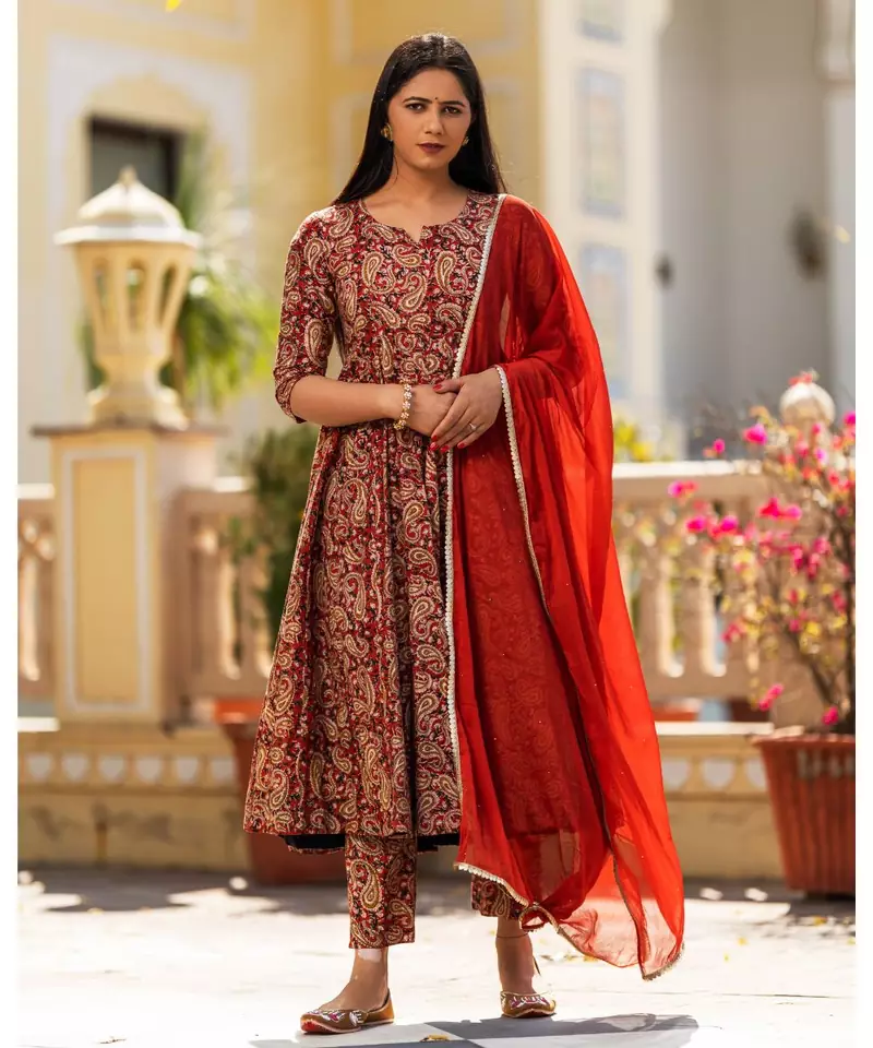 Red brown Bagru Print Anarkali Dress Set