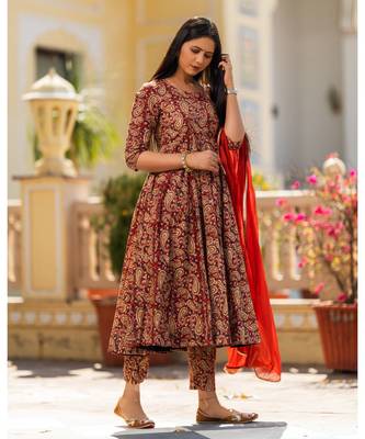 Red brown Bagru Print Anarkali Dress Set 2