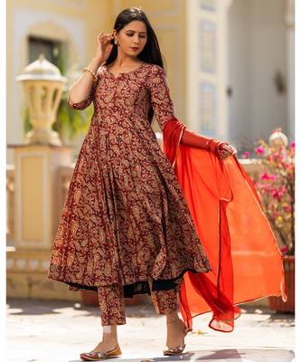Red brown Bagru Print Anarkali Dress Set 3