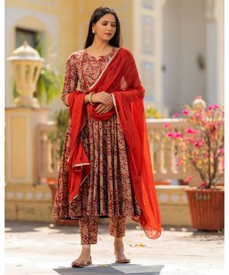 Red brown Bagru Print Anarkali Dress Set 4