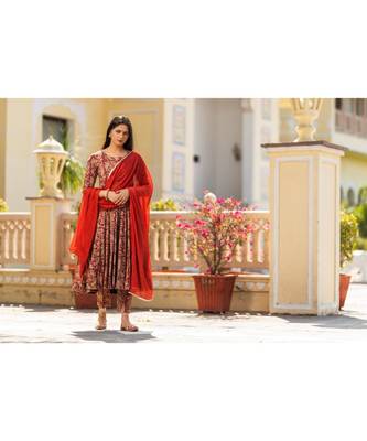Red brown Bagru Print Anarkali Dress Set 5