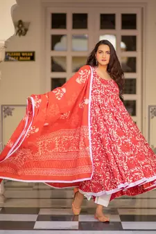 Red Dabu Print Cotton Anarkali Dress Set