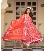 Red Dabu Print Cotton Anarkali Dress Set