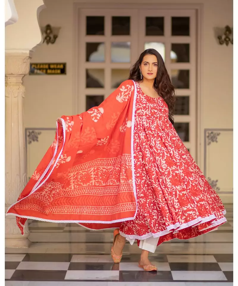 Red Dabu Print Cotton Anarkali Dress Set