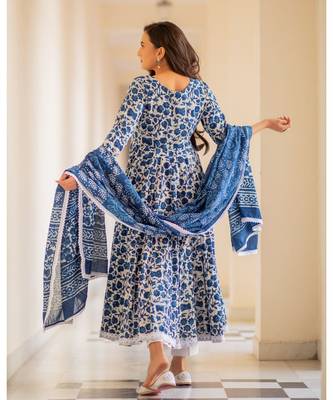 Indigo Dabu Print Cotton Anarkali Dress Set 2