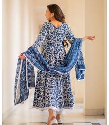 Indigo Dabu Print Cotton Anarkali Dress Set