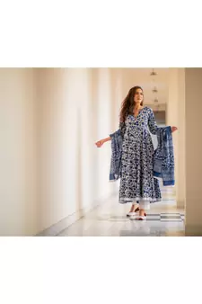Indigo Dabu Print Cotton Anarkali Dress Set