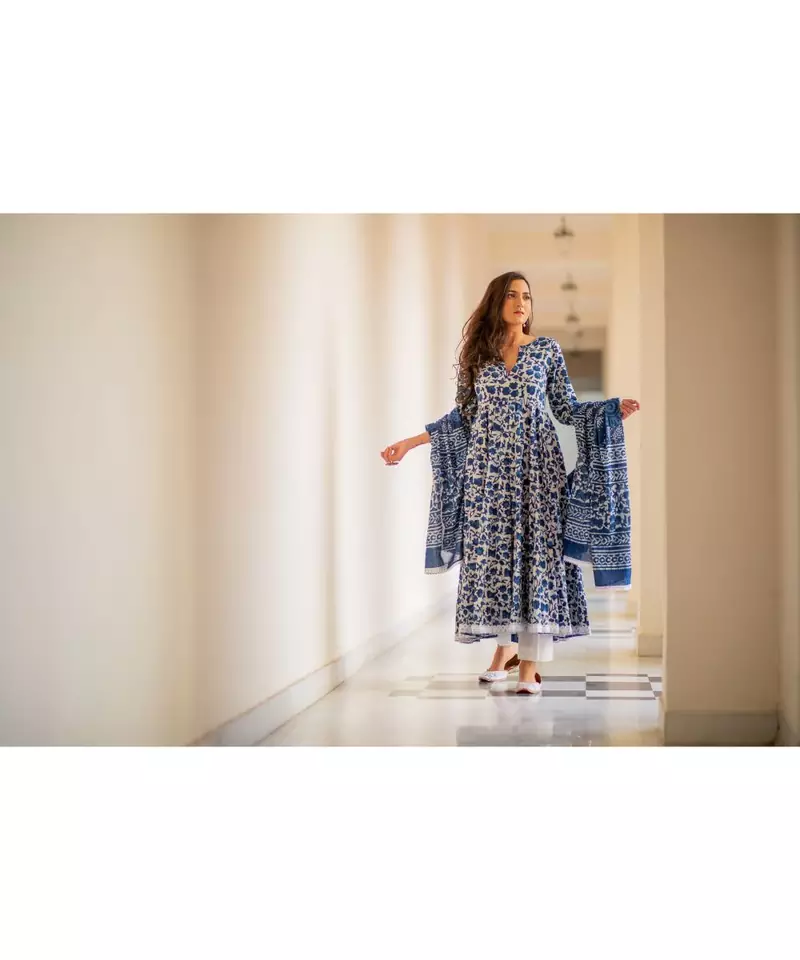 Indigo Dabu Print Cotton Anarkali Dress Set