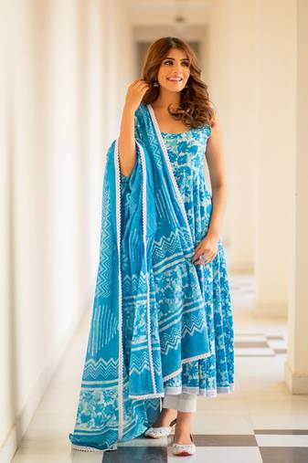 Turquoise Dabu Print Cotton Anarkali Dress Set