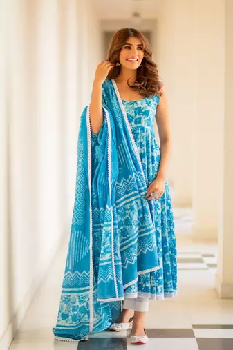 Turquoise Dabu Print Cotton Anarkali Dress Set